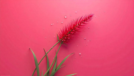 Red flower on a pink background with water dropletsの写真素材
