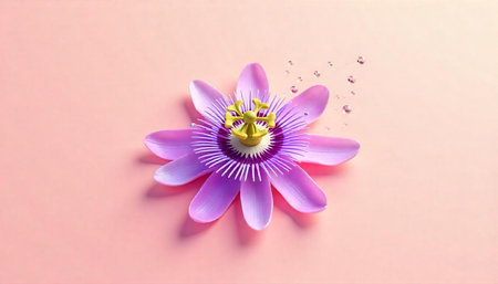 Passion flower on pink background with water droplets illustration