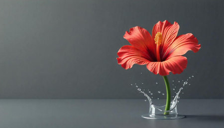 Red hibiscus flower in glass with water splash studio