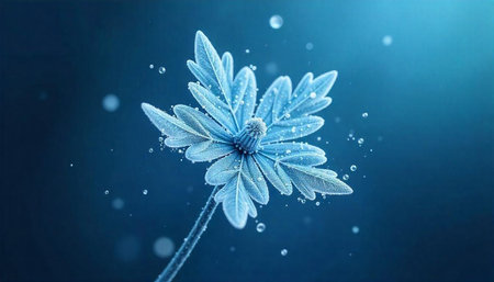 Frozen flower with icy droplets against deep blue background