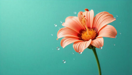 Elegant peach flower with water droplets on a teal background