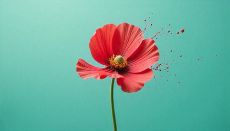 Abstract red poppy flower dissolving on a teal background