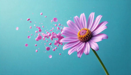 Daisy with pink floating orbs against a cyan backgroundの写真素材
