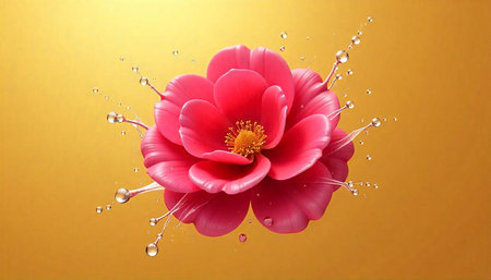 Vibrant pink camellia blossom with water droplets on golden background