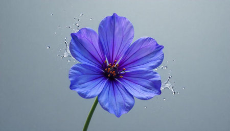 Vibrant purple flower with water droplets on a stem