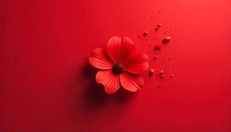 Elegant Red Flower with Abstract Dewdrops on Red Background