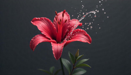 Elegant red lily flower with water droplets on gray backgroundの写真素材