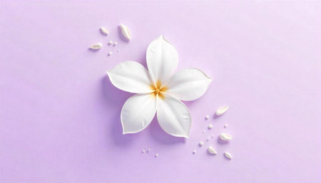 Elegant white flower with petals on lavender background top view