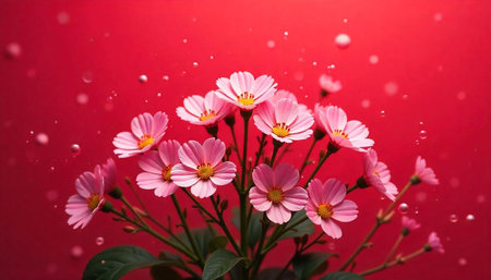 Pink flowers arrangement on red background with bokeh effect
