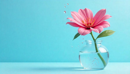 Pink flower in glass vase with light blue background