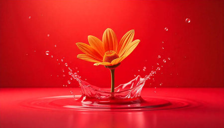 Vibrant orange flower falling into red water splash stillの写真素材