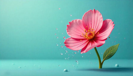 Pink cosmos flower with water droplets on turquoise background