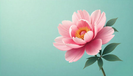 Minimalist pink flower with green leaves on teal backgroundの写真素材