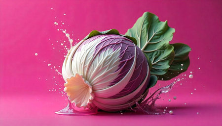 Vibrant red cabbage splash on pink backdrop macro stillの写真素材