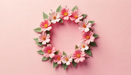 Pastel floral wreath on pink background for festive occasions