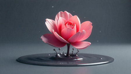 Pink flower with splashing liquid on grey background studio