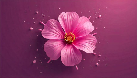 Elegant pink flower with golden center on purple background