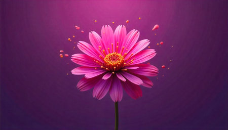 Vibrant pink flower blossom on stem with purple background