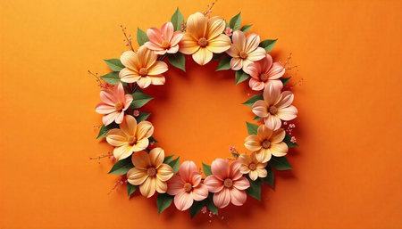 Floral wreath on orange background, blank space for textの写真素材