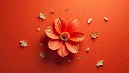 Autumn Flower Bloom with Maple Leaves on Warm Background