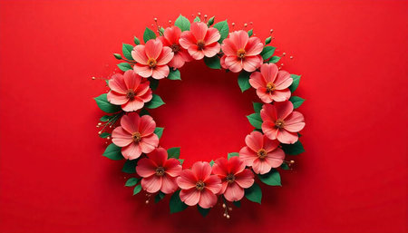 Floral wreath with pink flowers and green leaves backdrop