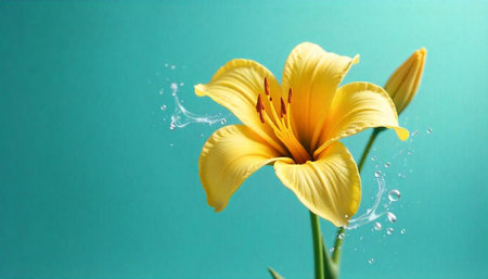 Vibrant yellow lily flower with water droplets on teal backdropの写真素材