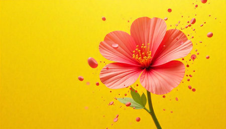 Radiant hibiscus bloom on bright yellow backdrop with accents