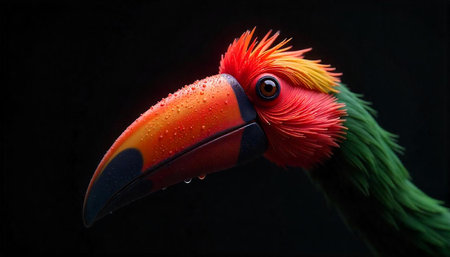 Vibrant parrot headshot with dew drops in dark background