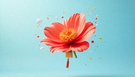 Decorative pink flower with falling spheres on light blue
