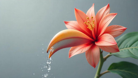Elegant coral flower with water droplets on a gray backgroundの写真素材