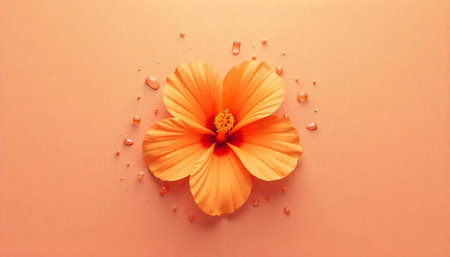 Peach hibiscus blossom with dew drops on peach background