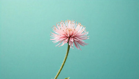 Isolated pink flowering plant on minimalist turquoise background