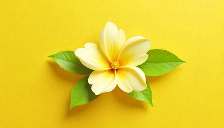 Bright Yellow Flower with Green Leaves on Yellow Background