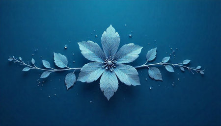 Elegant blue flower with leaves and dew drops