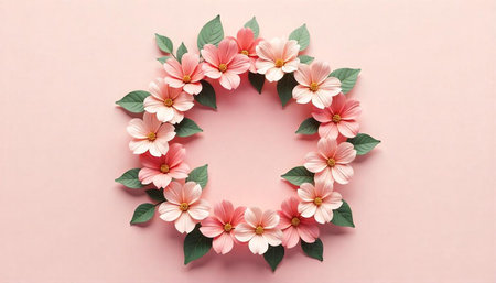 Floral wreath on a soft pink background studio shotの写真素材