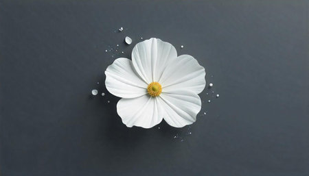 Elegant white flower with yellow center on gray backgroundの写真素材