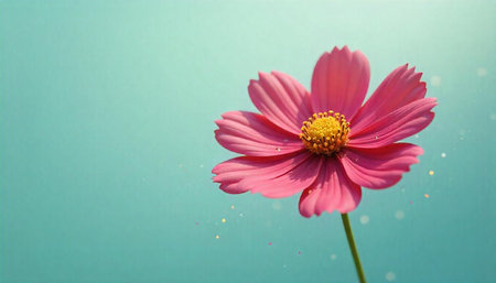 Single vibrant cosmos flower against pastel colored background