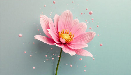 Elegant pink flower with floating orbs on pale blue