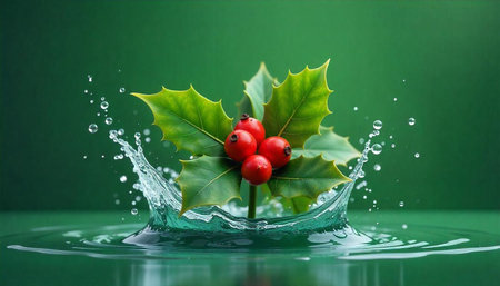 Holly berries surrounded by water splash over green backgroundの写真素材