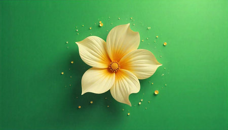Elegant cream flower on green background with gold specks