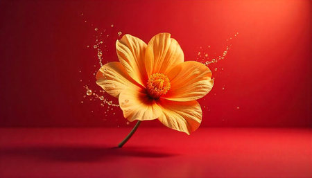 Radiant yellow flower on red surface with water dropletsの写真素材