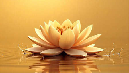 Elegant lotus flower resting in water with golden backgroundの写真素材