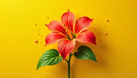 Vibrant orange lily with green leaves on yellow backgroundの写真素材