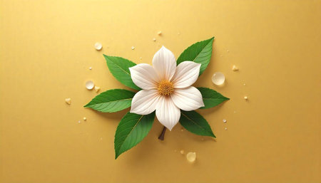 Elegant white flower with leaves on yellow backgroundの写真素材