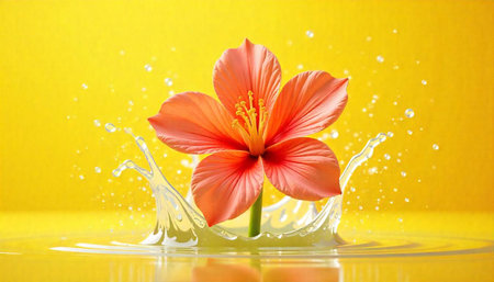 Vibrant hibiscus bloom with water splashes on yellow backgroundの写真素材