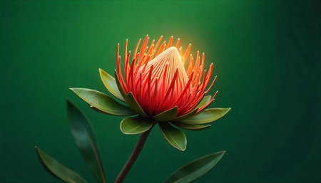 Vibrant protea flower in full bloom against green backgroundの写真素材