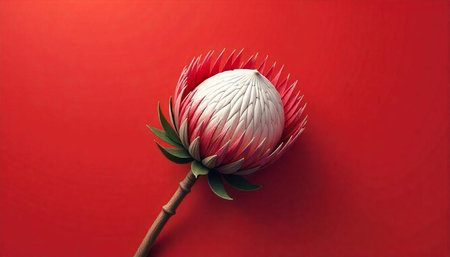 Minimalist Protea flower against red background for stock image