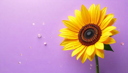 Bright yellow sunflower against pastel lavender background with bokehの写真素材