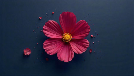 Cosmos flower on dark background flat lay arrangement