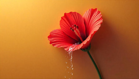 Vibrant red hibiscus flower with water droplets on petals